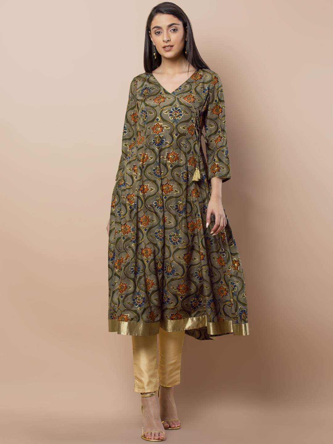 

INDYA Women Olive Green Printed Anarkali Kurta