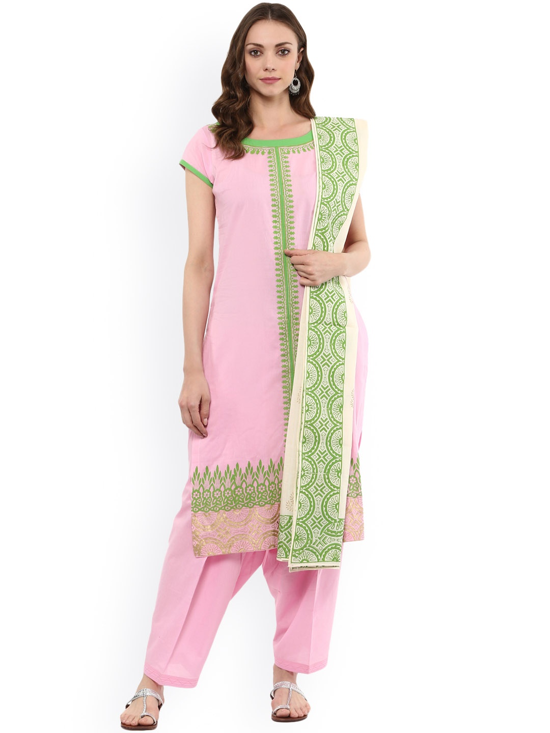 

MBE Women Pink & Green Solid Kurta with Salwar & Dupatta