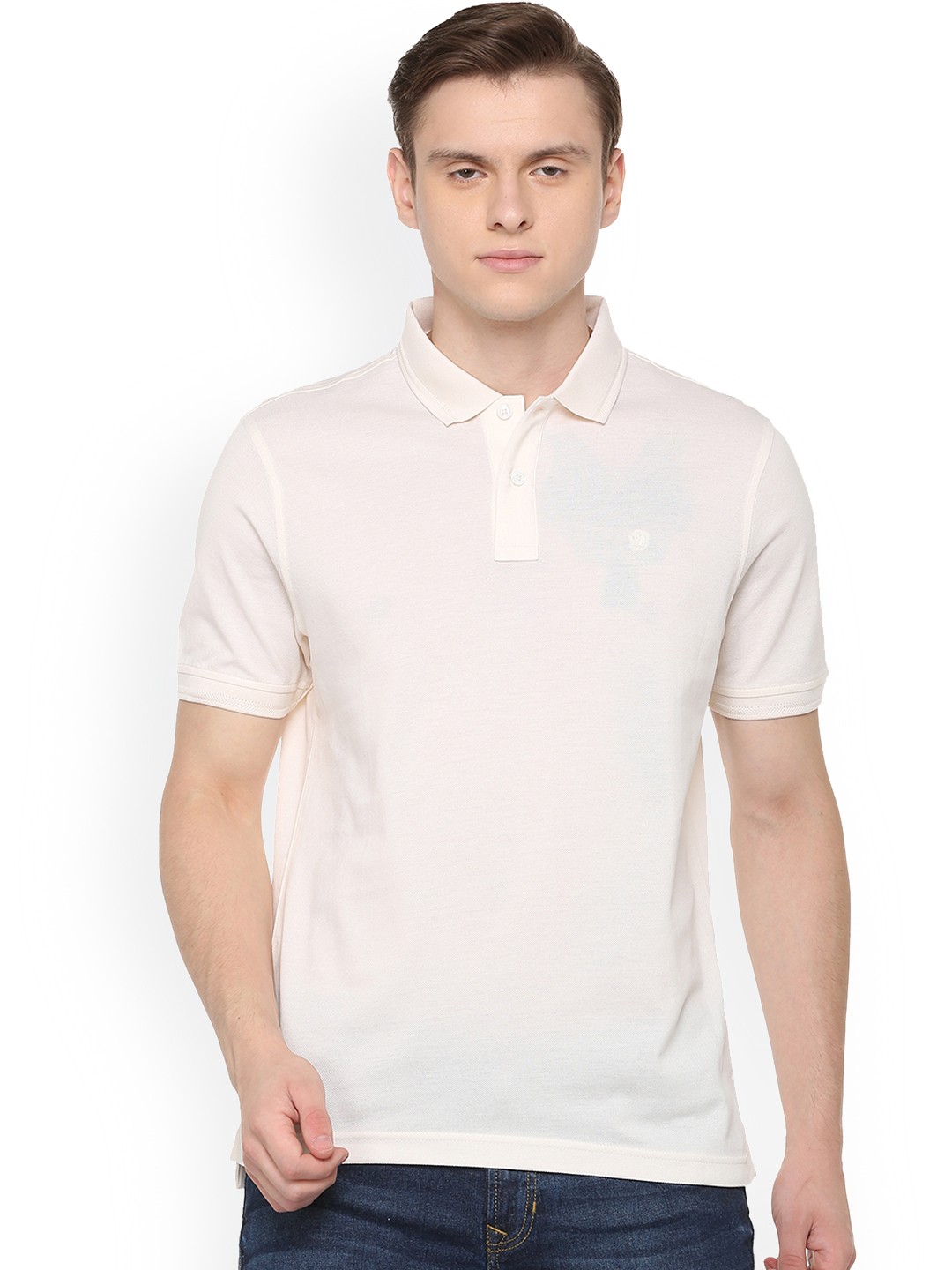 

Louis Philippe Men Cream-Coloured Solid Polo Collar Pure Cotton T-shirt