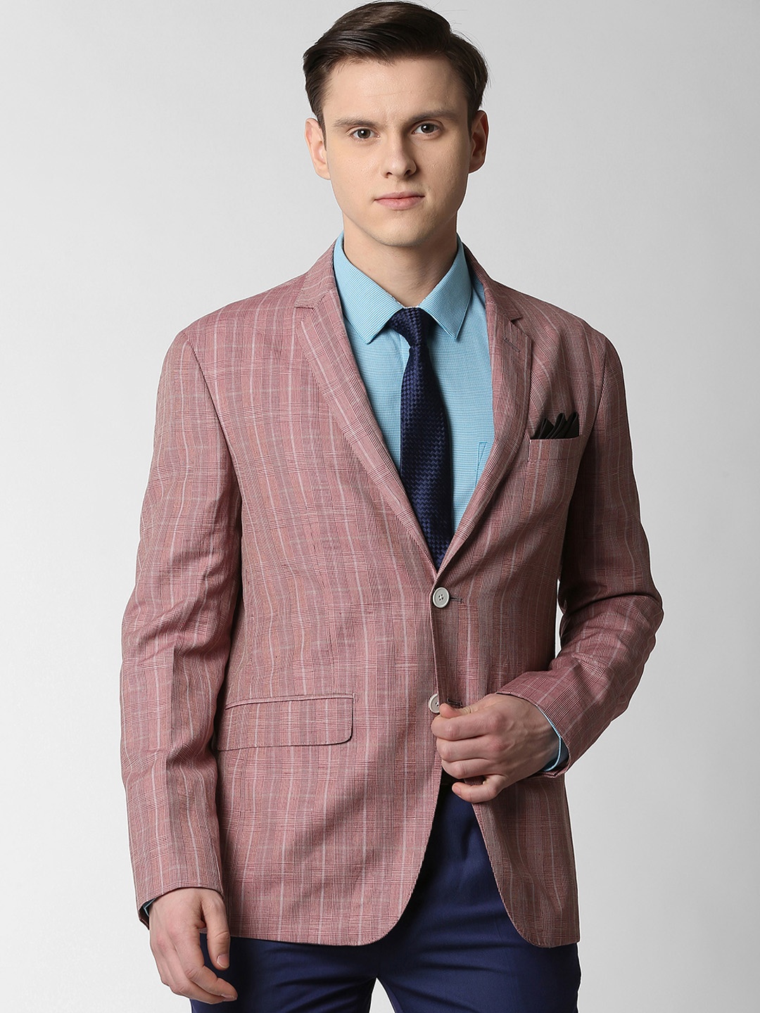 

Peter England Elite Men Pink Checked Slim-Fit Single-Breasted Blazer
