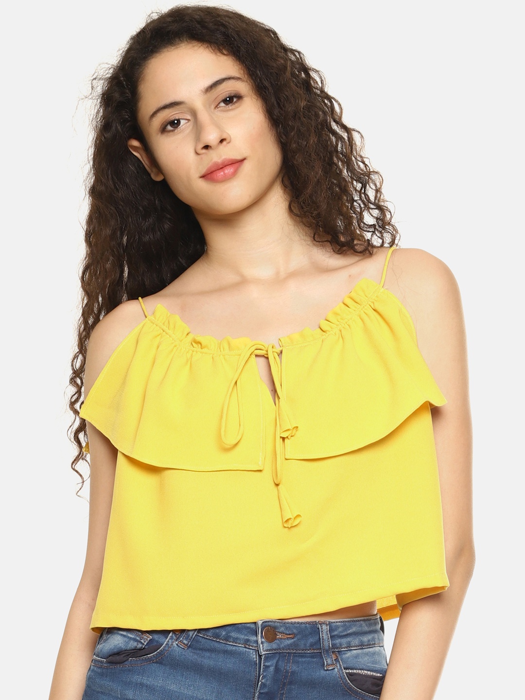 

AARA Women Yellow Solid Tiered CropTop