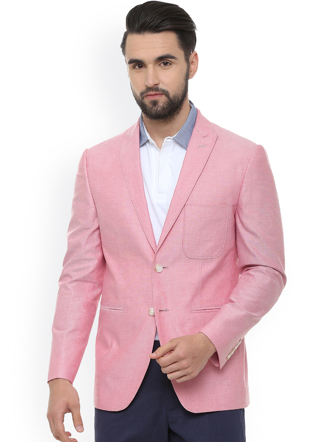 

Louis Philippe Men Pink Solid Slim-Fit Single-Breasted Pure Cotton Blazer