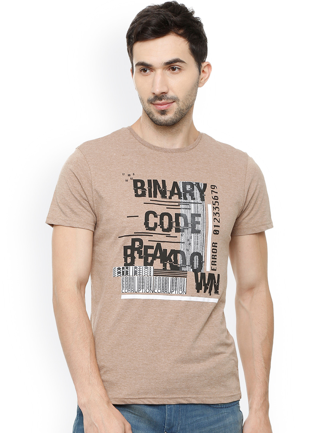 

People Men Brown Printed Round Neck T-shirt