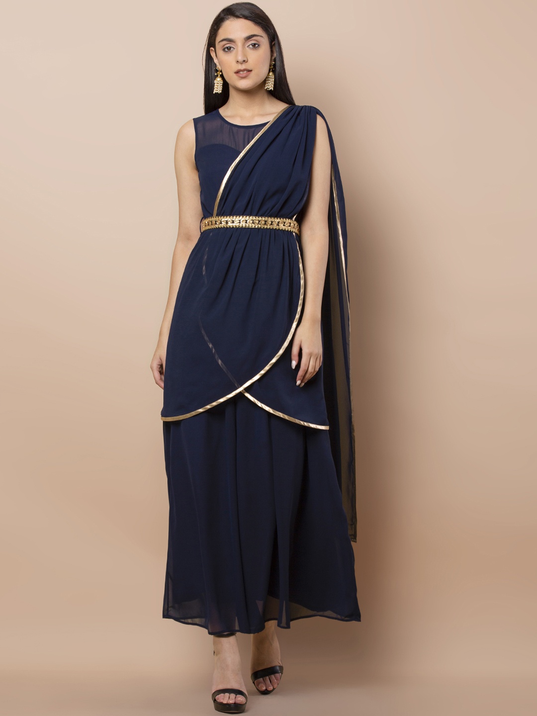 

INDYA Women Navy Blue Solid Saree Tunic