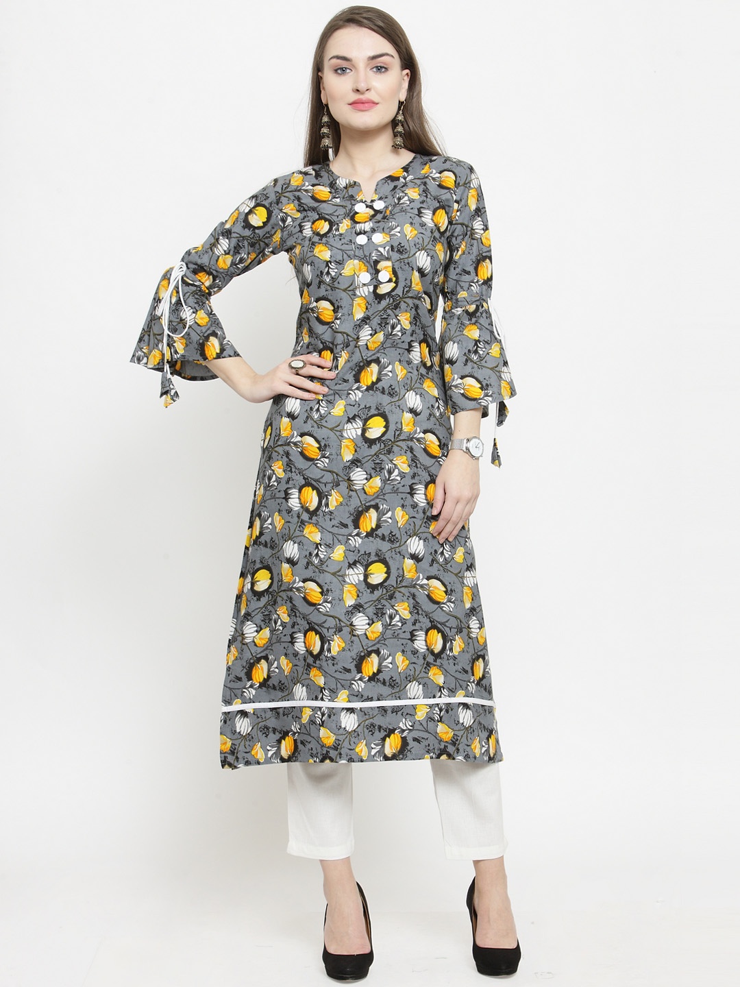 

Indibelle Women Grey Foil Floral Print Straight Kurta