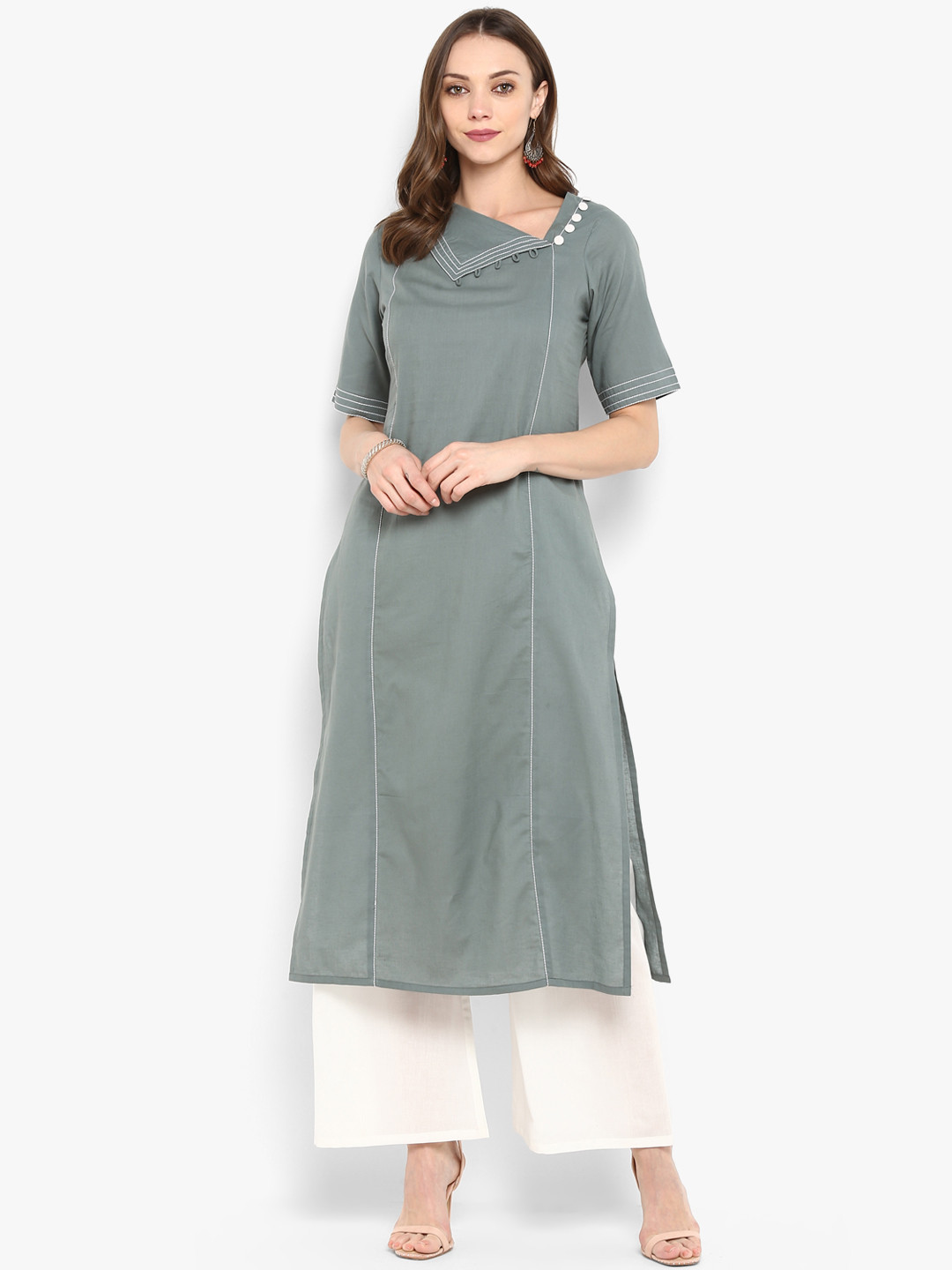 

Meeranshi Women Grey & White Solid Kurta with Palazzos