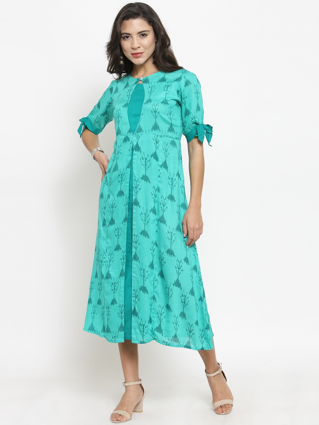 

Indibelle Women Teal Blue Printed Fit and Flare Dress
