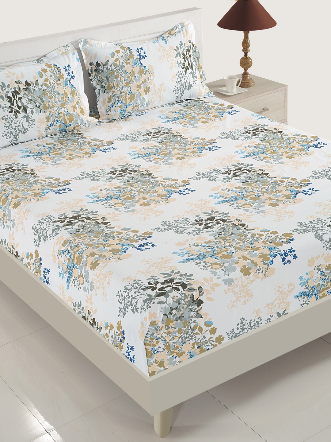 

SWAYAM White & Grey Floral 160 TC Cotton 1 Queen Bedsheet with 2 Pillow Covers