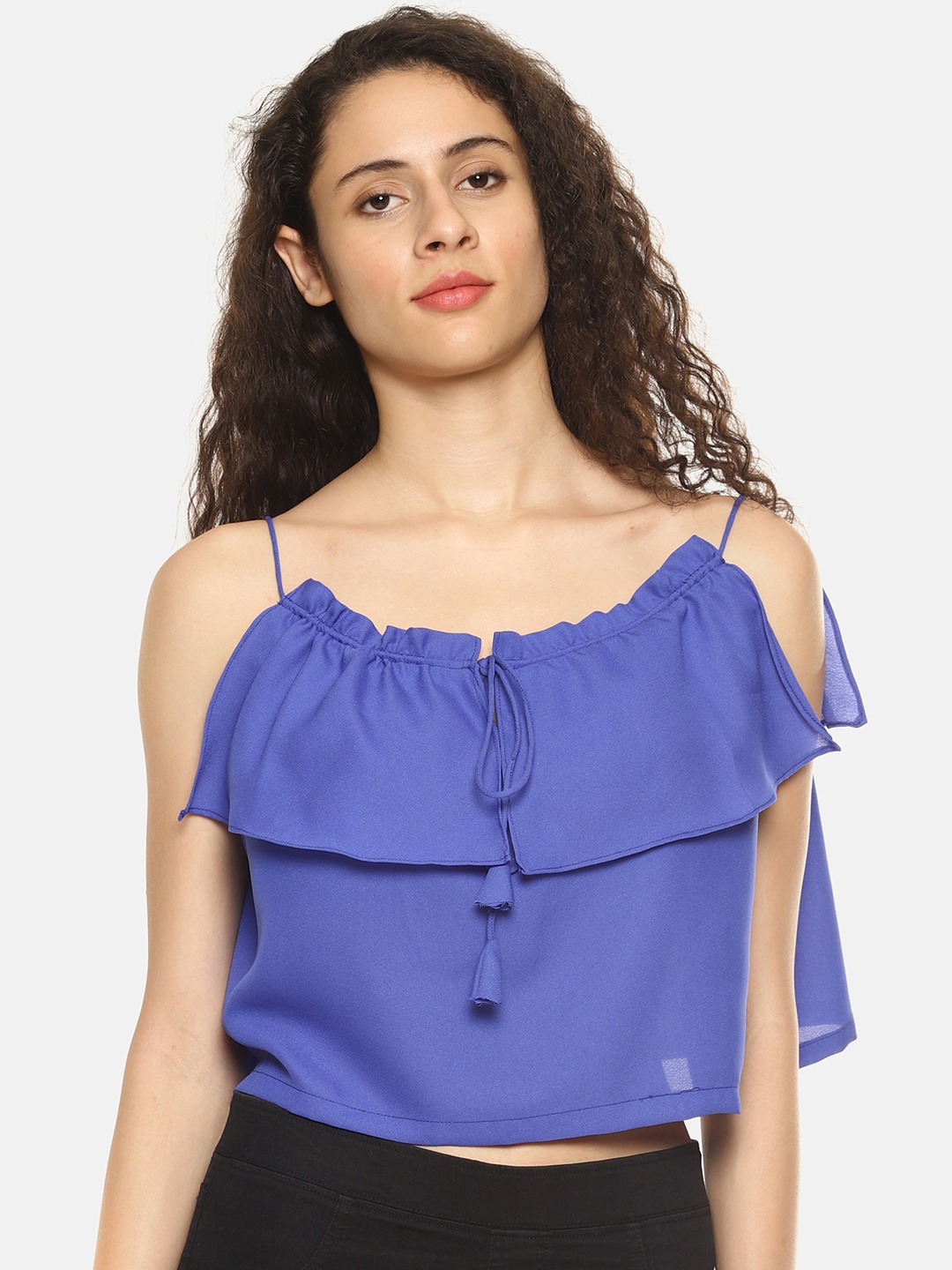 

AARA Women Blue Solid Tiered Crop Top