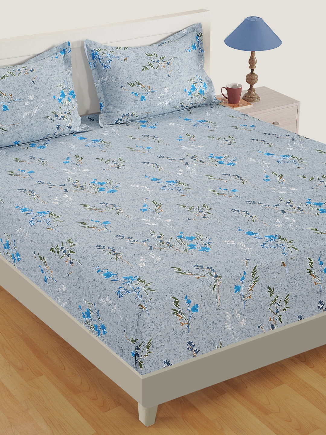 

SWAYAM Grey & Blue Floral 180 TC Cotton 1 Queen Bedsheet with 2 Pillow Covers