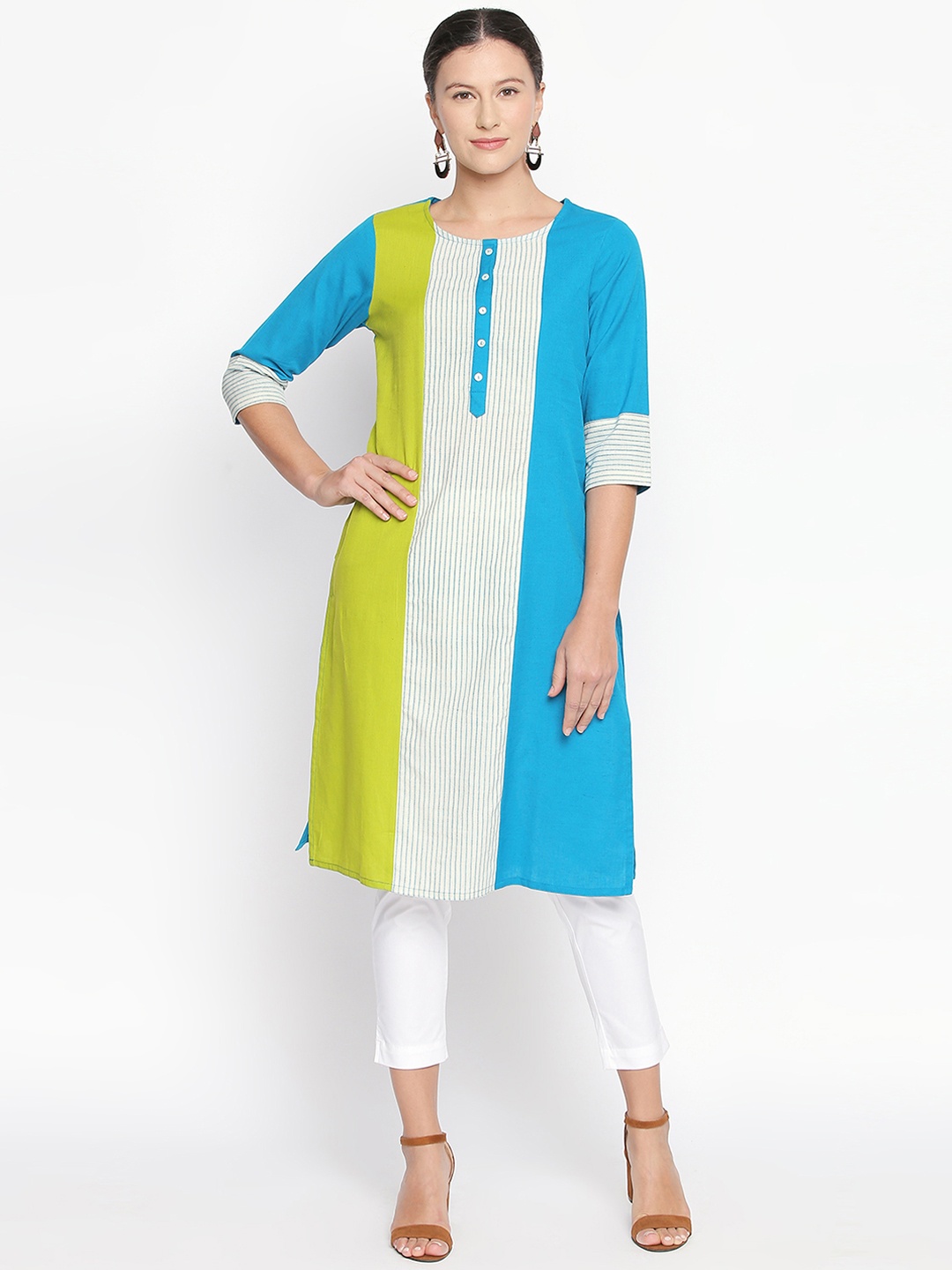 

RANGMANCH BY PANTALOONS Women Turquoise Blue & Green Printed Straight Kurta