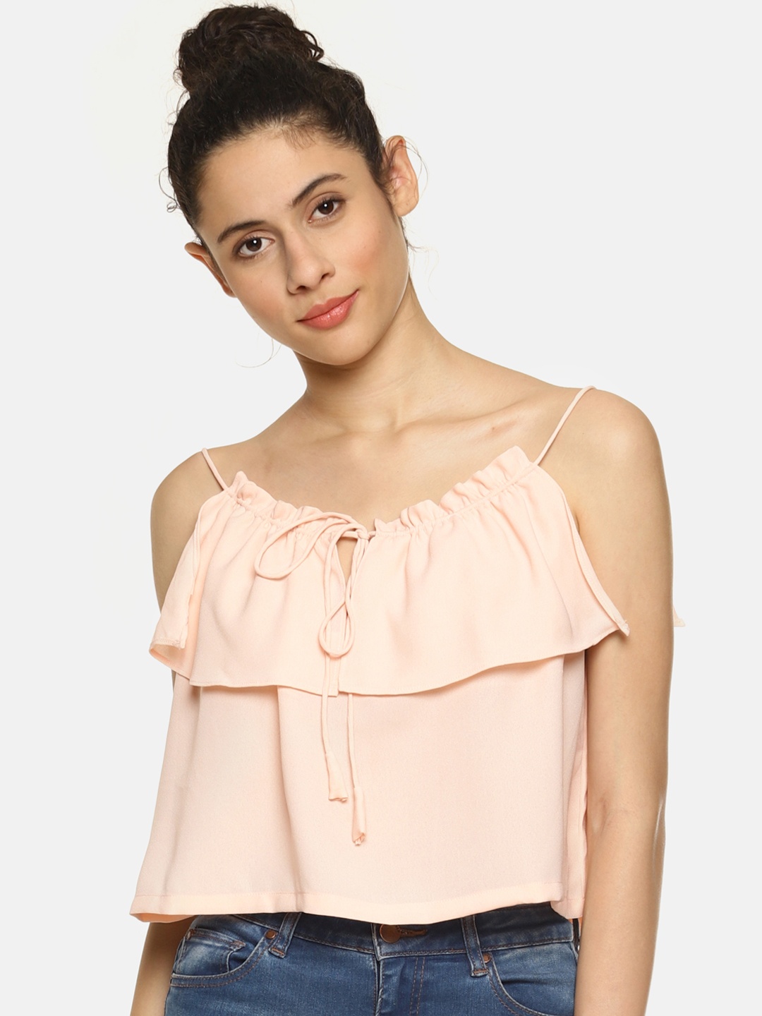 AARA Women Peach-Coloured Solid Tiered Crop Top