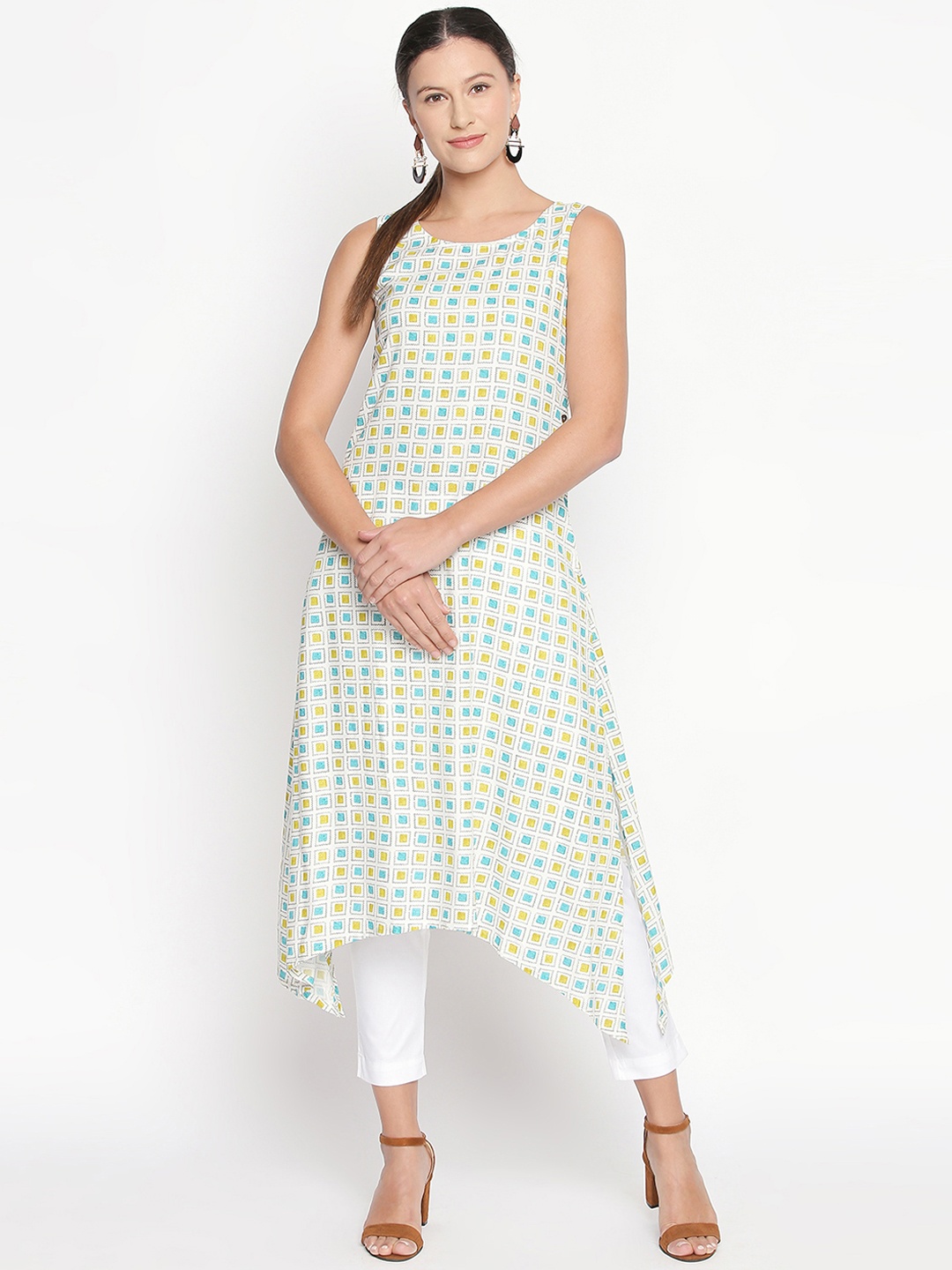 

RANGMANCH BY PANTALOONS Women Off-White & Turquoise Blue Printed A-Line Kurta