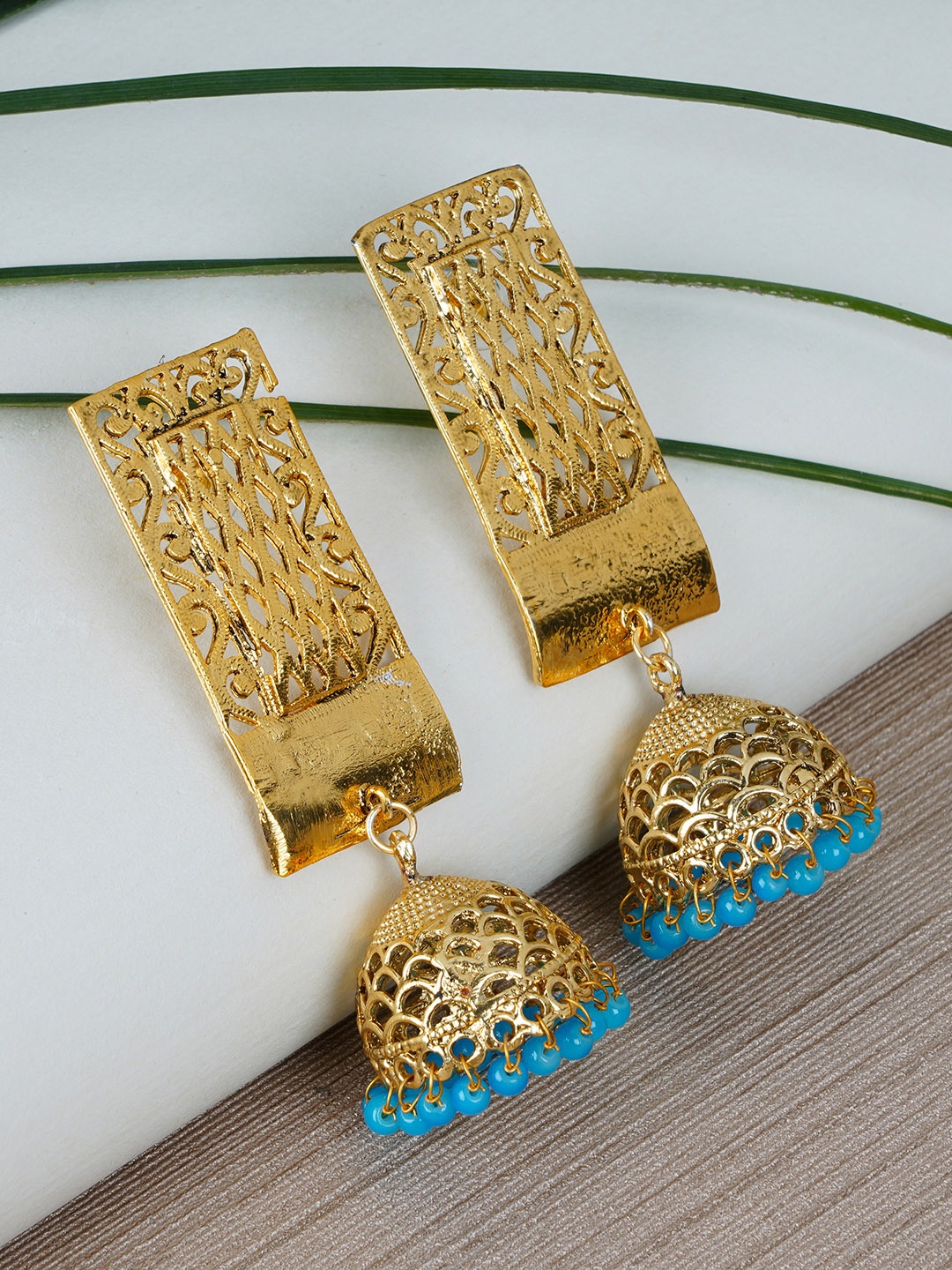 

Shining Diva Gold-Toned & Blue Dome Shaped Jhumkas