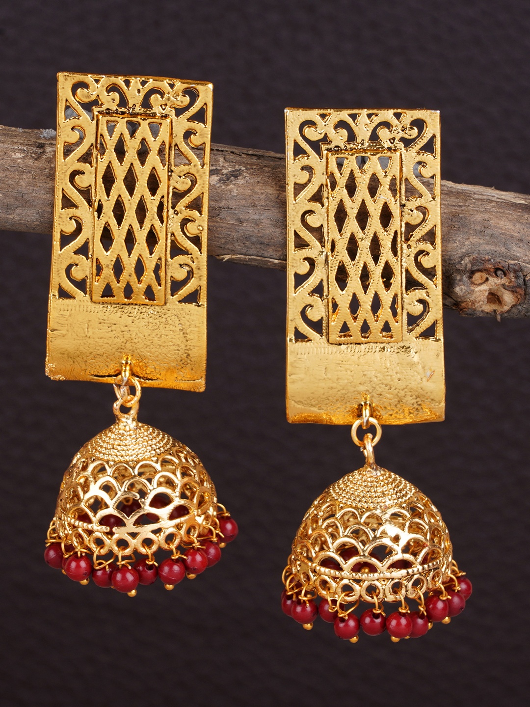 

Shining Diva Gold-Toned & Red Dome Shaped Jhumkas