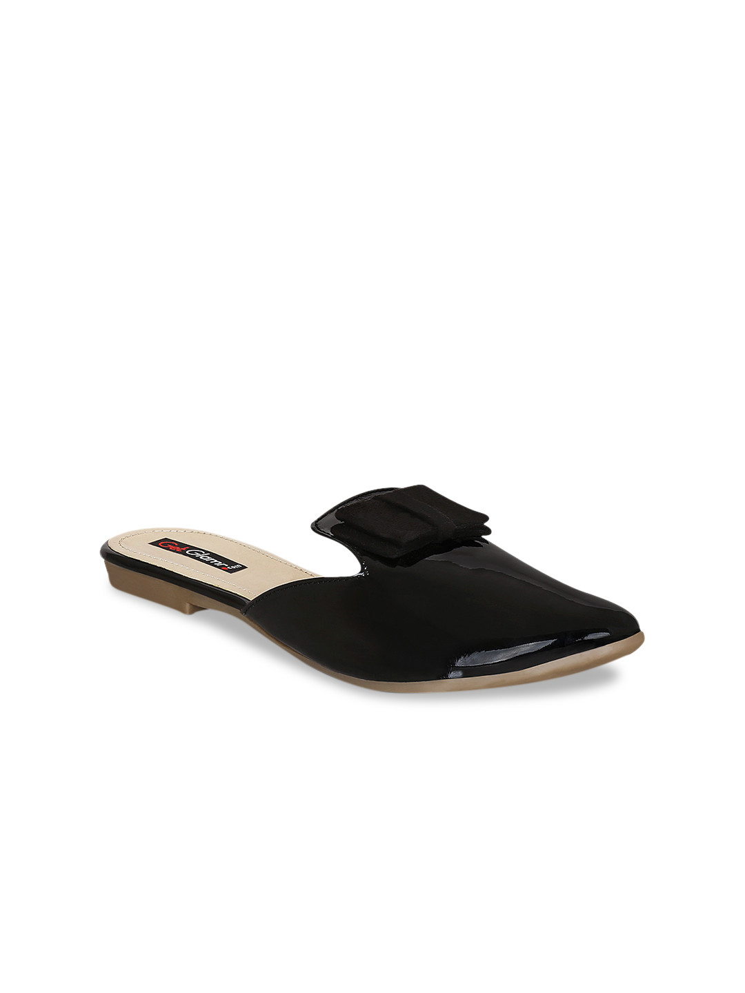 

Get Glamr Women Black Solid Synthetic Patent Mules