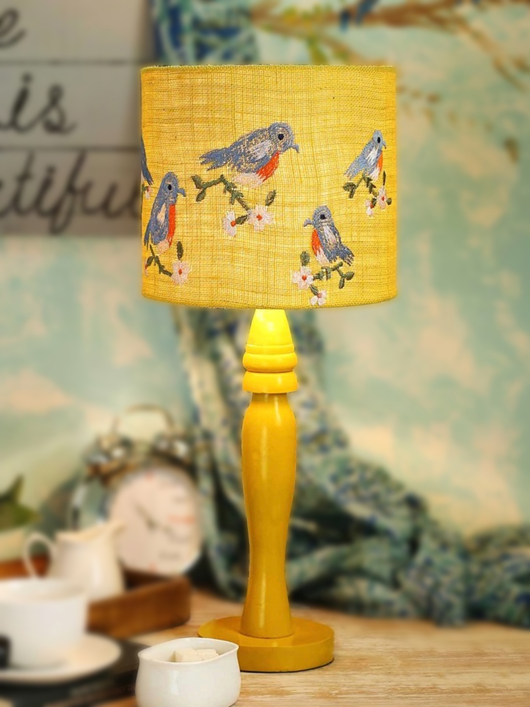 

green girgit Brown Birds Self Design Bedside Table Top Lamp with Shade, Yellow