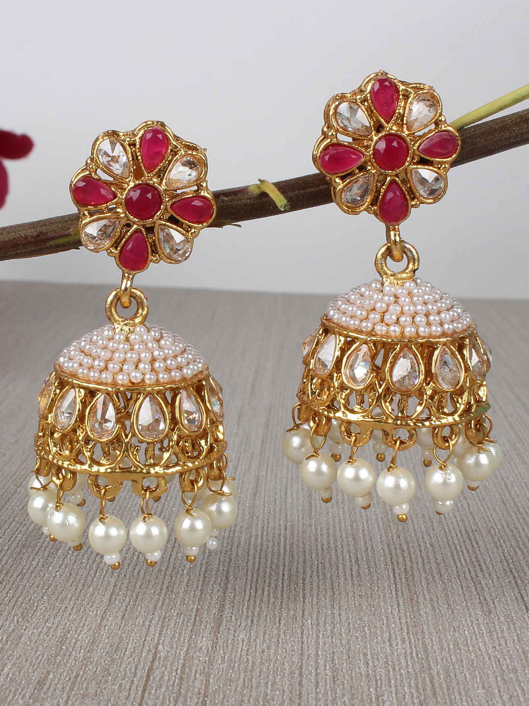 

Shining Diva Gold-Plated & Red Classic Jhumkas