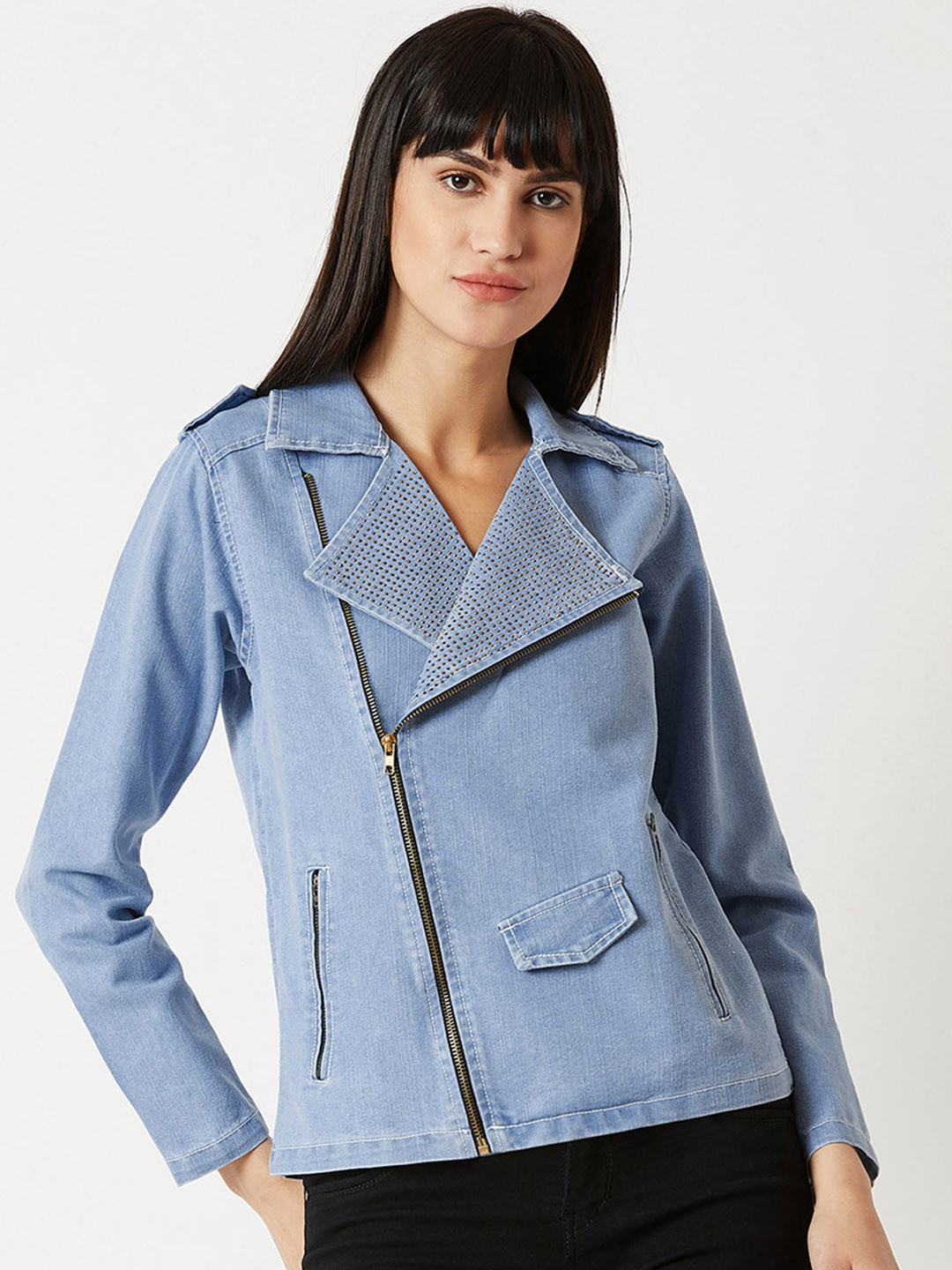 

Miss Chase Women Blue Solid Biker Jacket