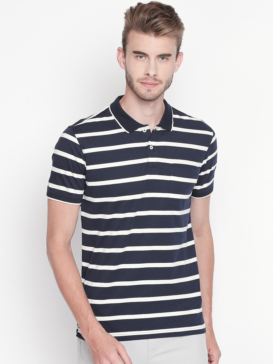 

BYFORD by Pantaloons Men Navy Blue Striped Polo Collar T-shirt