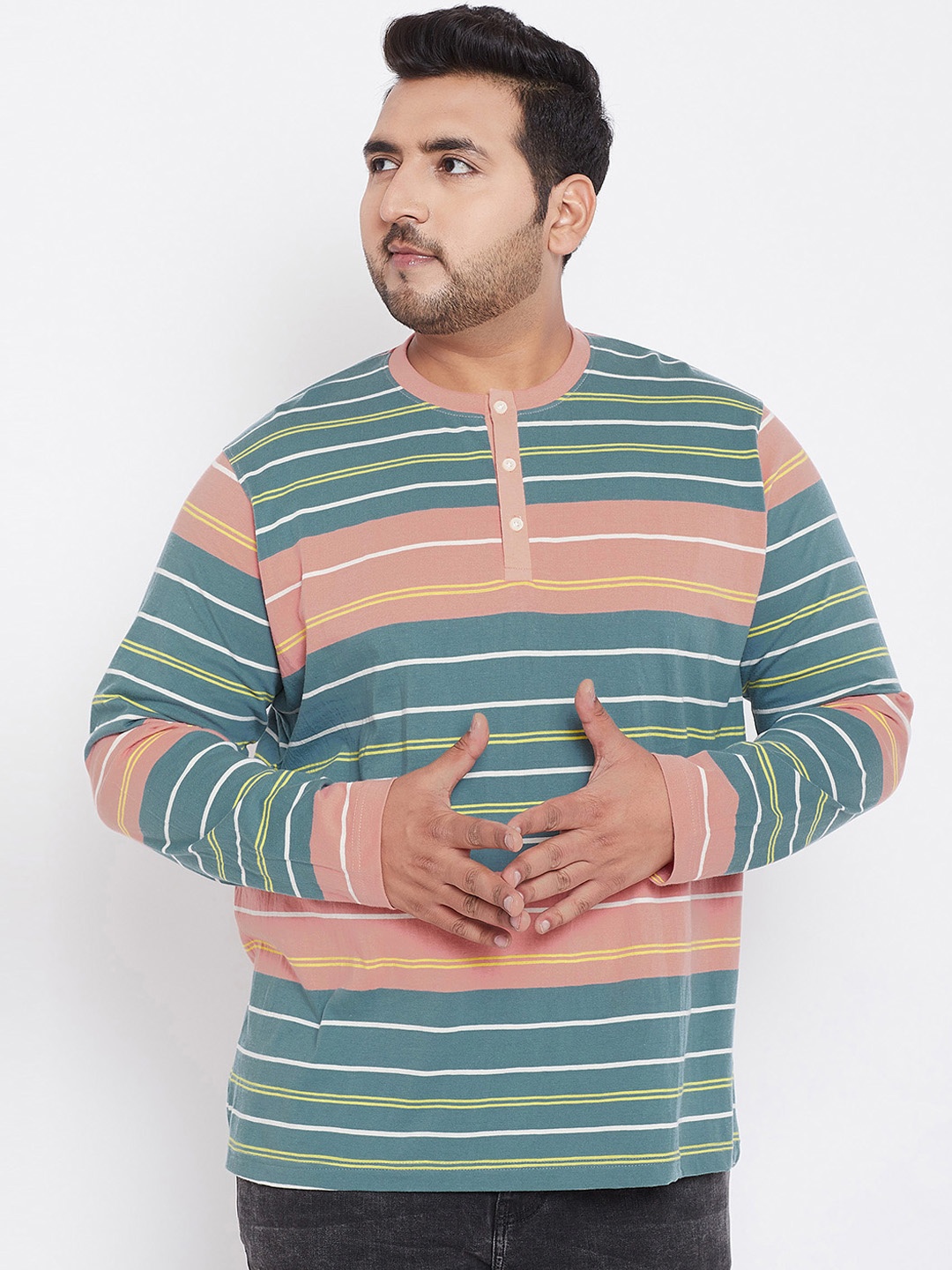 

bigbanana Plus Size Men Multicoloured Striped Henley Neck Pure Cotton T-shirt, Multi