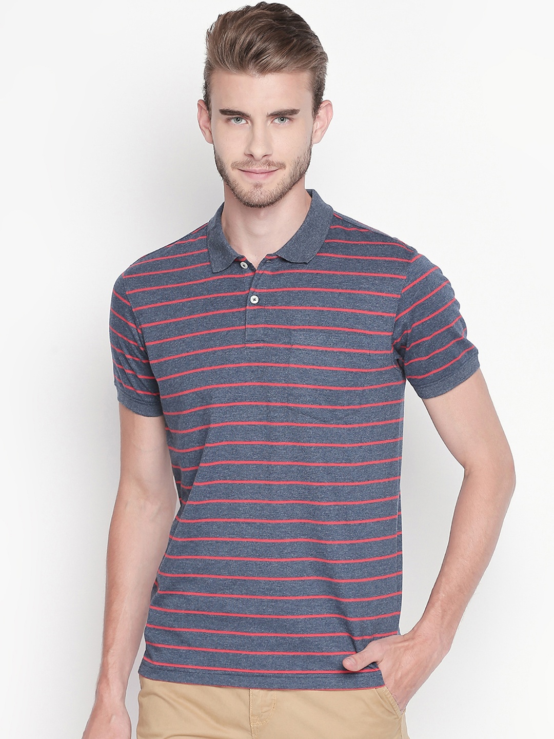 

BYFORD by Pantaloons Men Blue Striped Polo Collar T-shirt