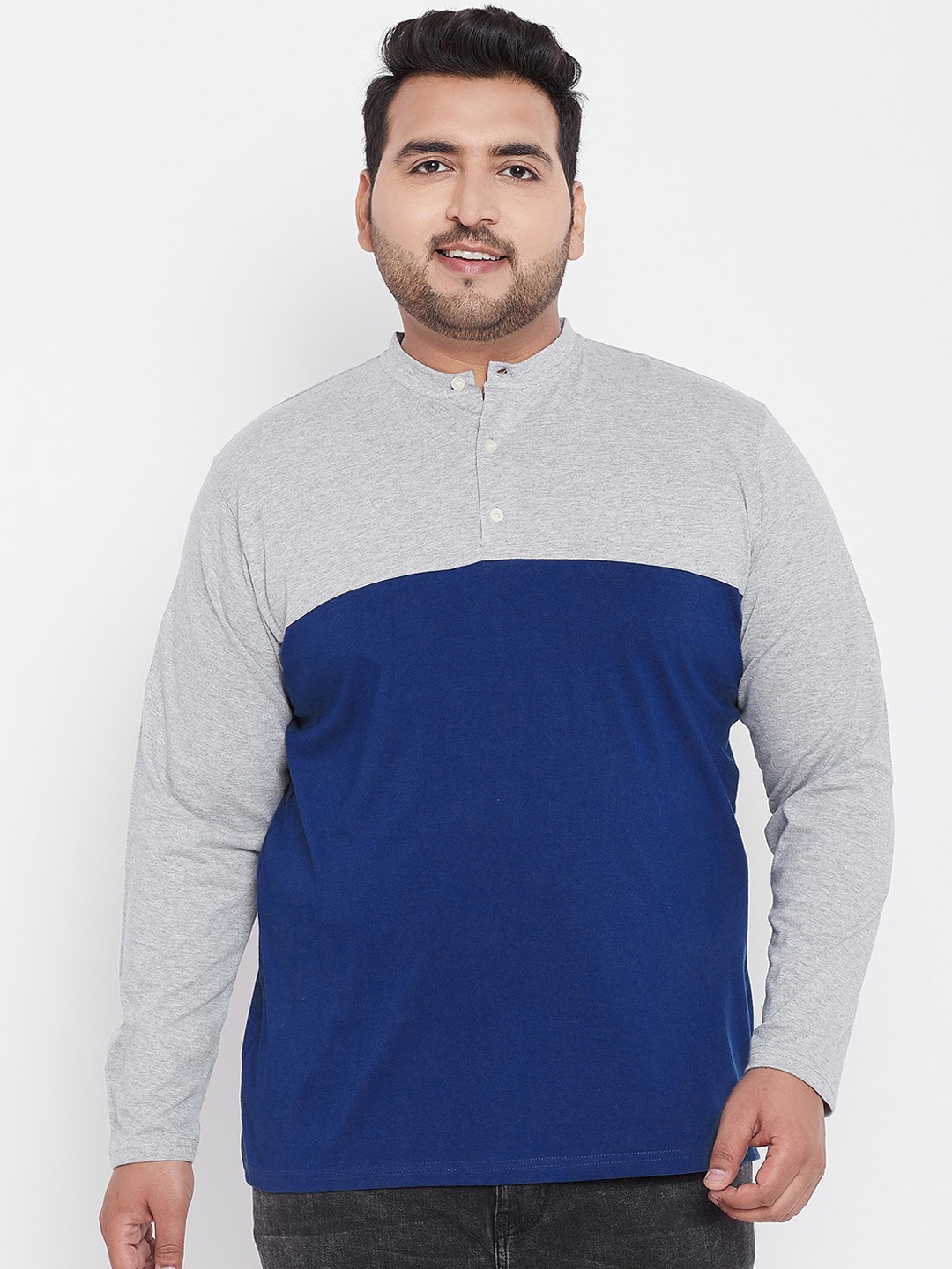 

bigbanana Plus Size Men Blue Colourblocked Henley Neck Pure Cotton T-shirt