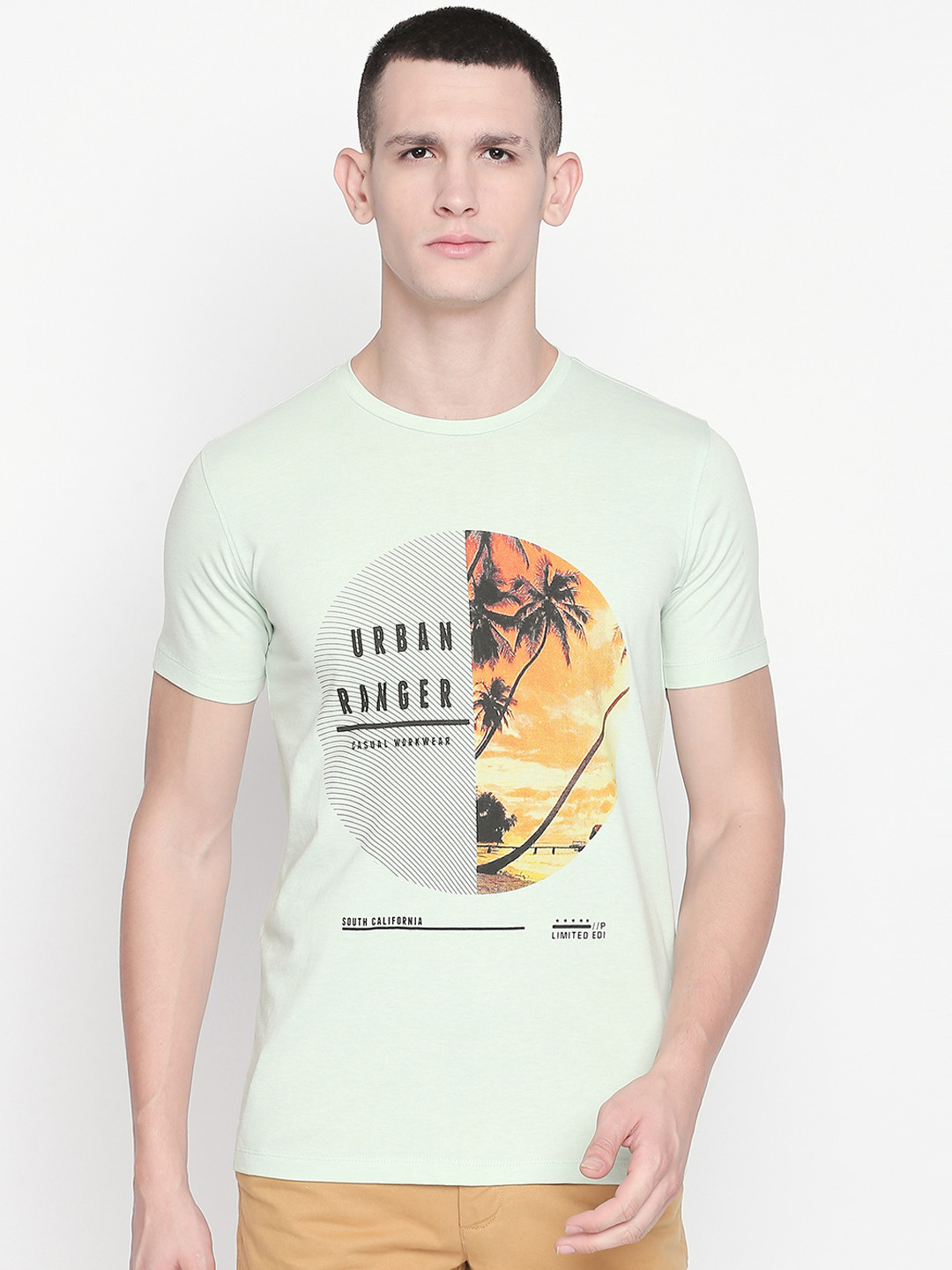 

Urban Ranger by pantaloons Men Green Printed Round Neck Pure Cotton T-shirt