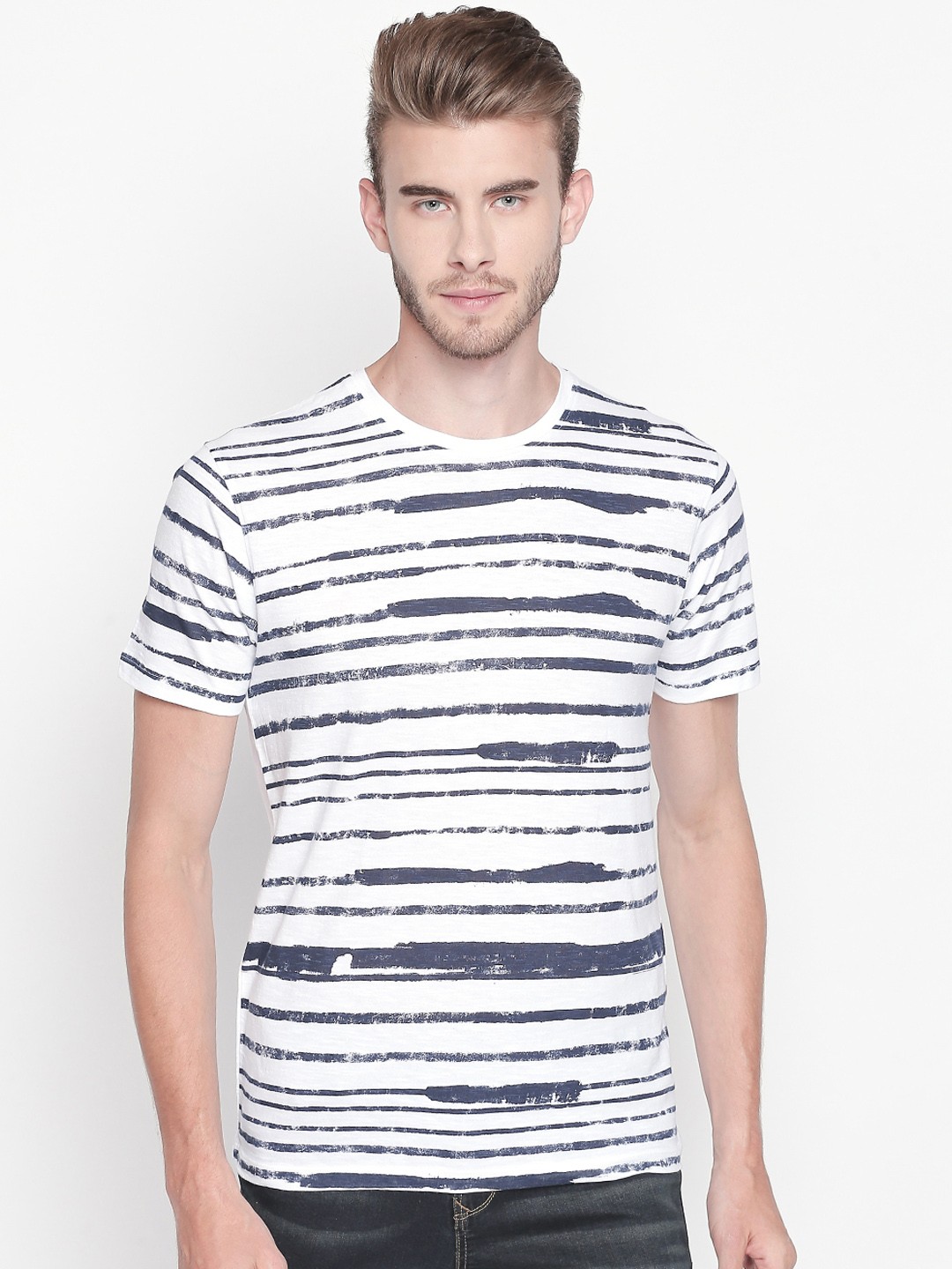 

Urban Ranger by pantaloons Men White Striped Round Neck Pure Cotton T-shirt