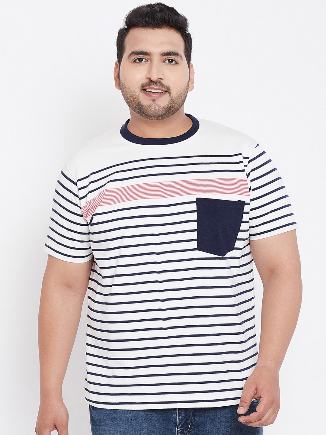 

bigbanana Plus Size Men White Striped Round Neck Pure Cotton T-shirt