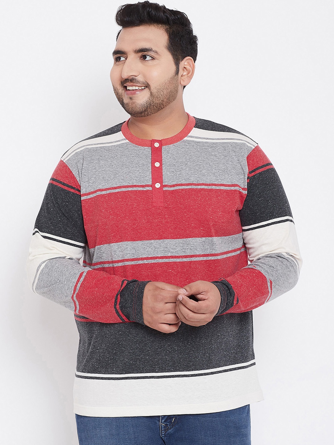 

bigbanana Plus Size Men Multicoloured Colourblocked Henley Neck Pure Cotton T-shirt, Multi