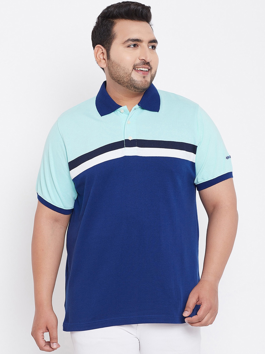 

bigbanana Plus Size Men Blue Colourblocked Polo Collar Pure Cotton T-shirt