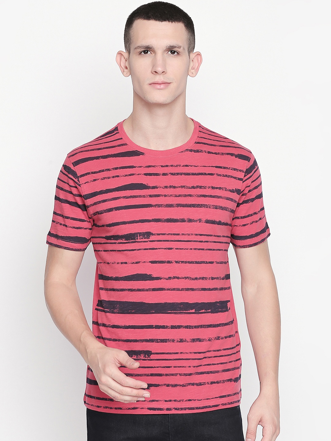 

Urban Ranger by pantaloons Men Pink Striped Round Neck Pure Cotton T-shirt