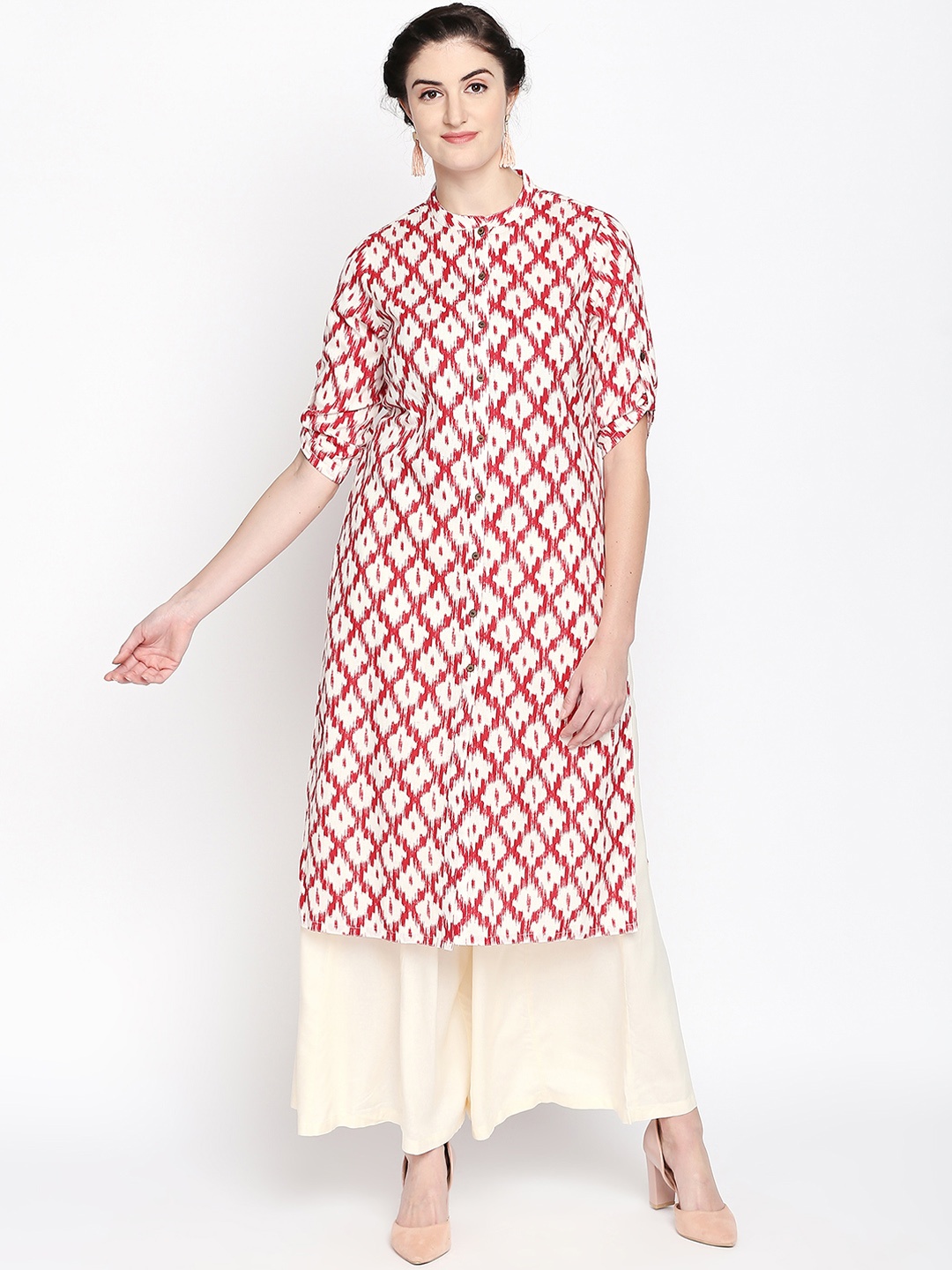 

RANGMANCH BY PANTALOONS Women Off-White & Red Printed Straight Kurta