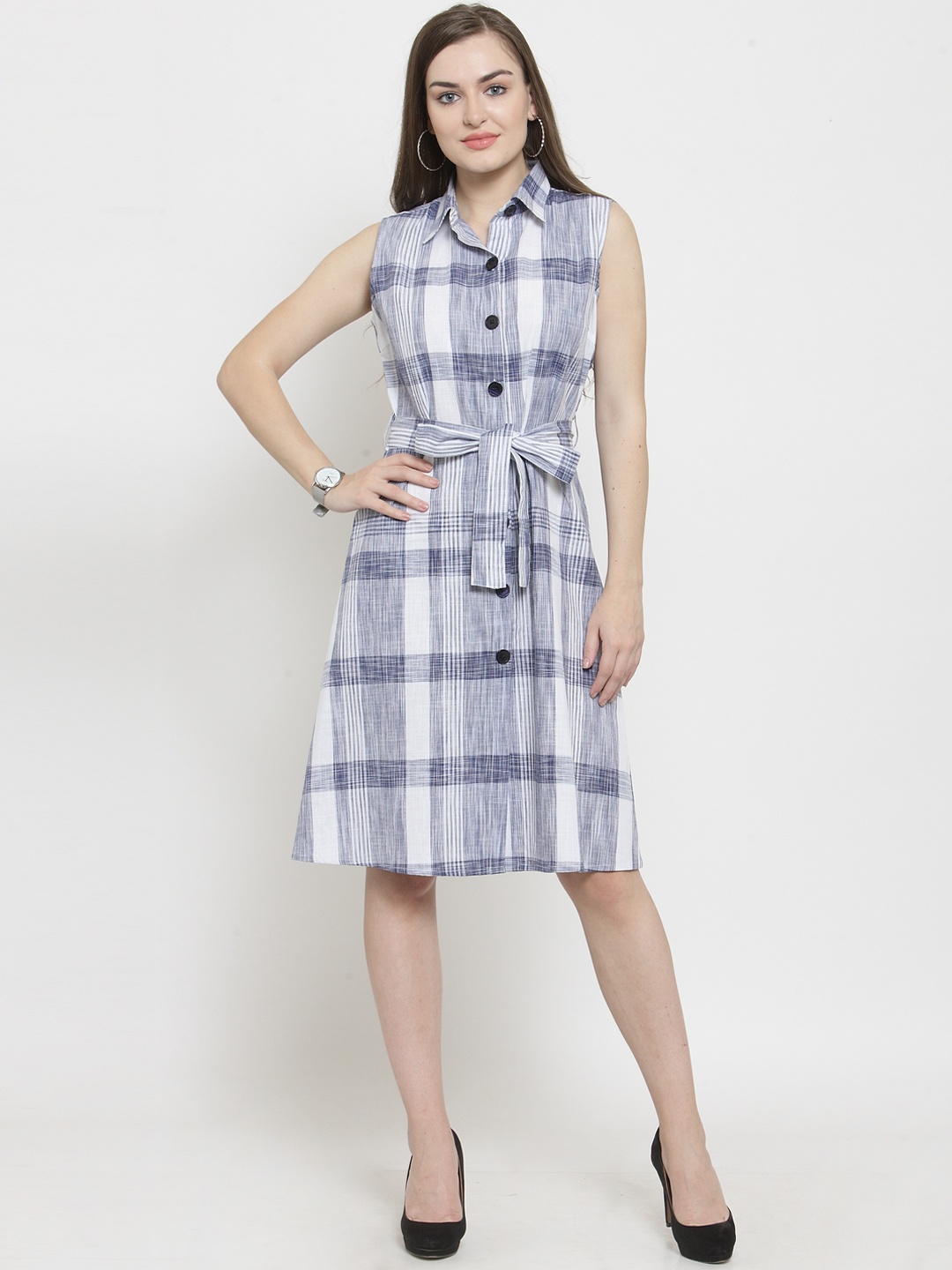 

Purple State Women White Checked Shirt Dress