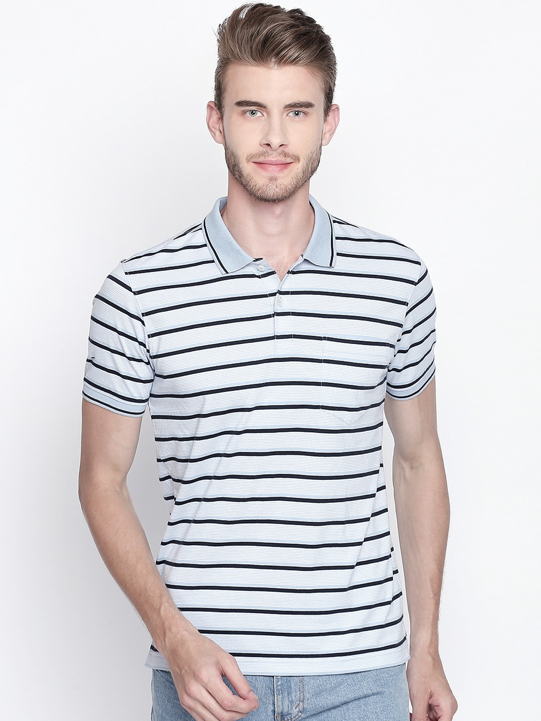 

BYFORD by Pantaloons Men Blue Striped Polo Collar T-shirt