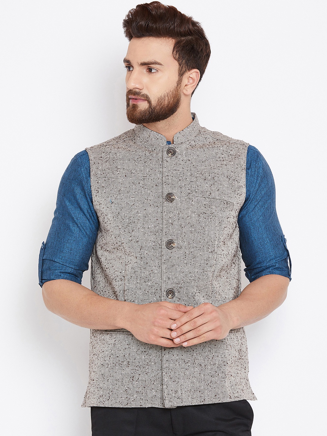 

Even Men Grey Woven Design Wool Nehru Jacket