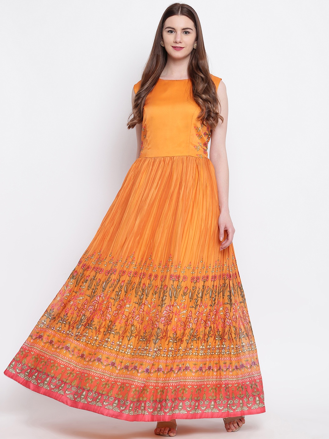 

Kvsfab Women Mustard Yellow Printed Silk Maxi Dress