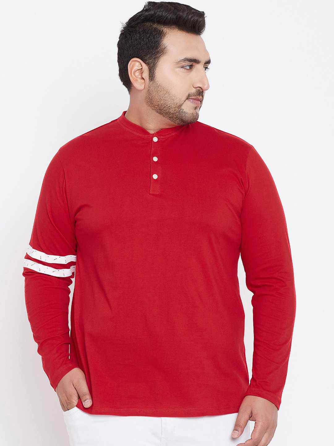

bigbanana Plus Size Men Red Solid Mandarin Collar Pure Cotton T-shirt