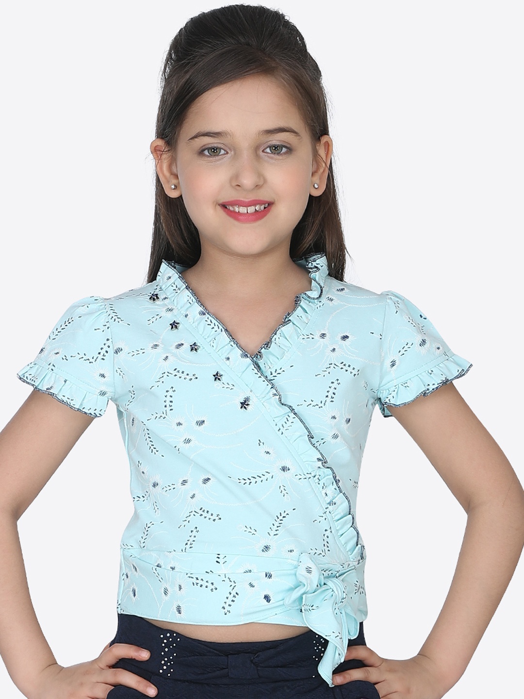 

CUTECUMBER Girls Blue Printed Wrap Top