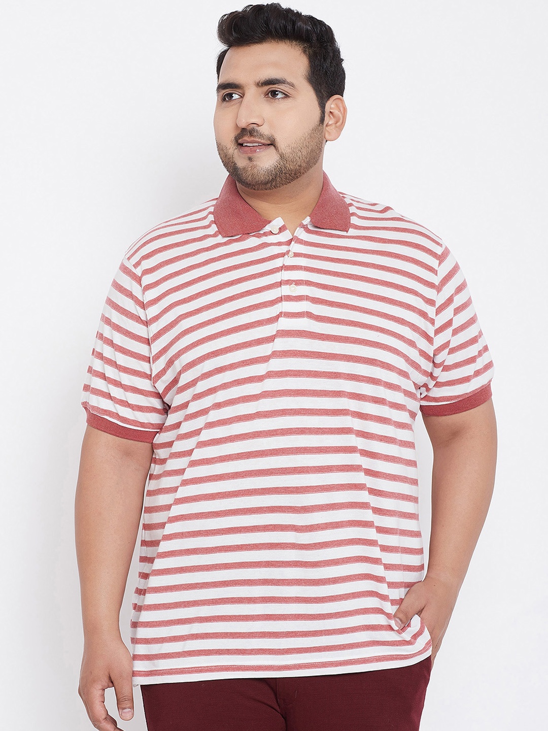 

bigbanana Plus Size Men White Red Striped Polo Collar Pure Cotton T-shirt