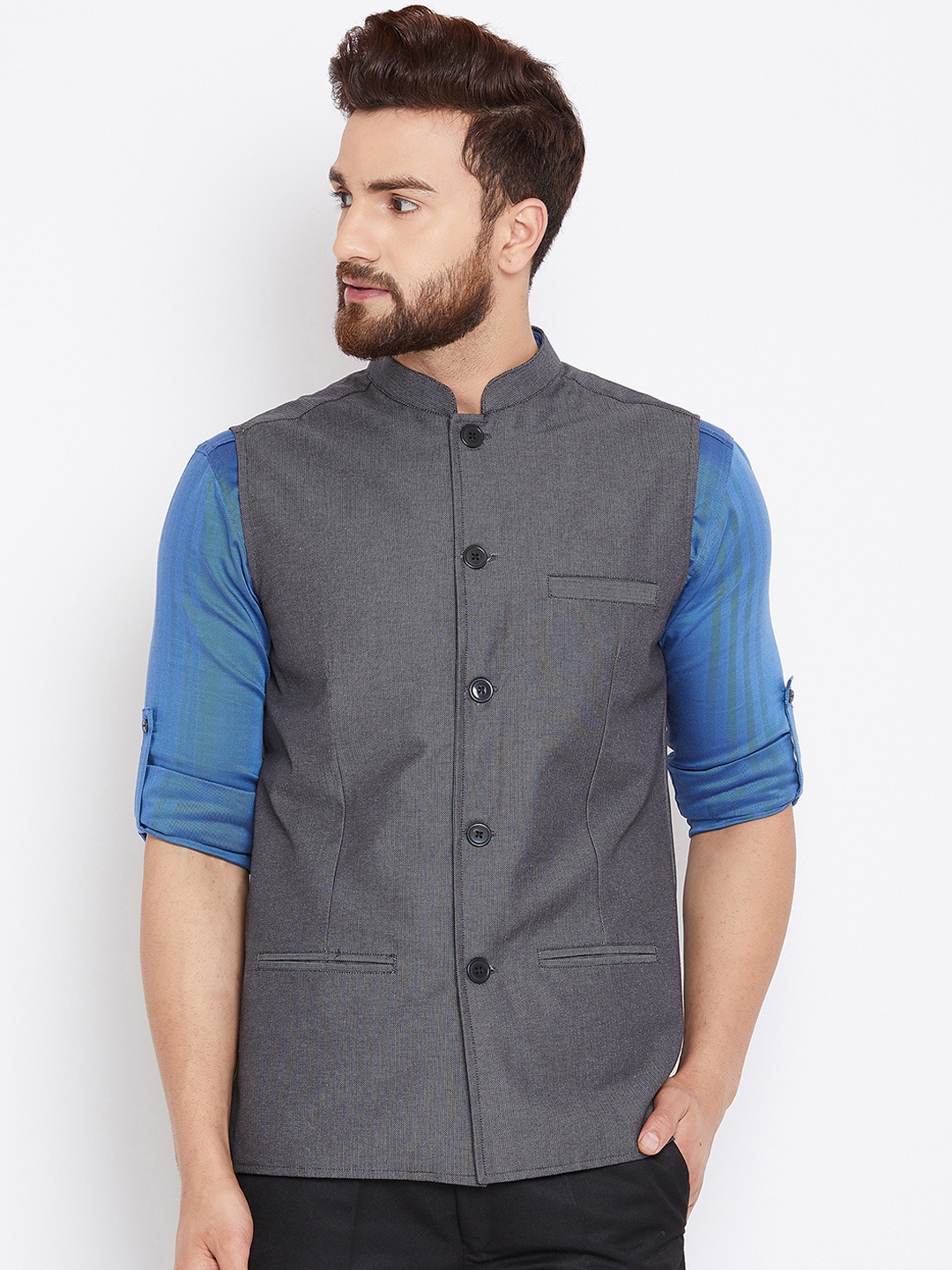 

Even Men Grey Self Design Woven Nehru Jacket