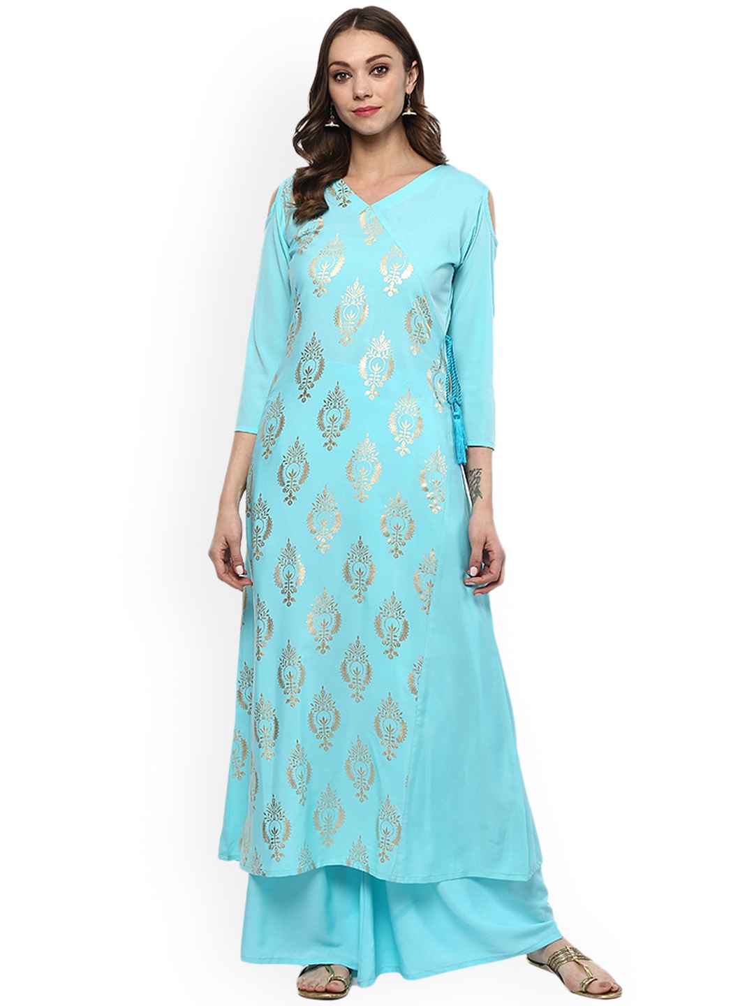 

ZIYAA Women Turquoise Blue Foil Print Anarkali Kurta