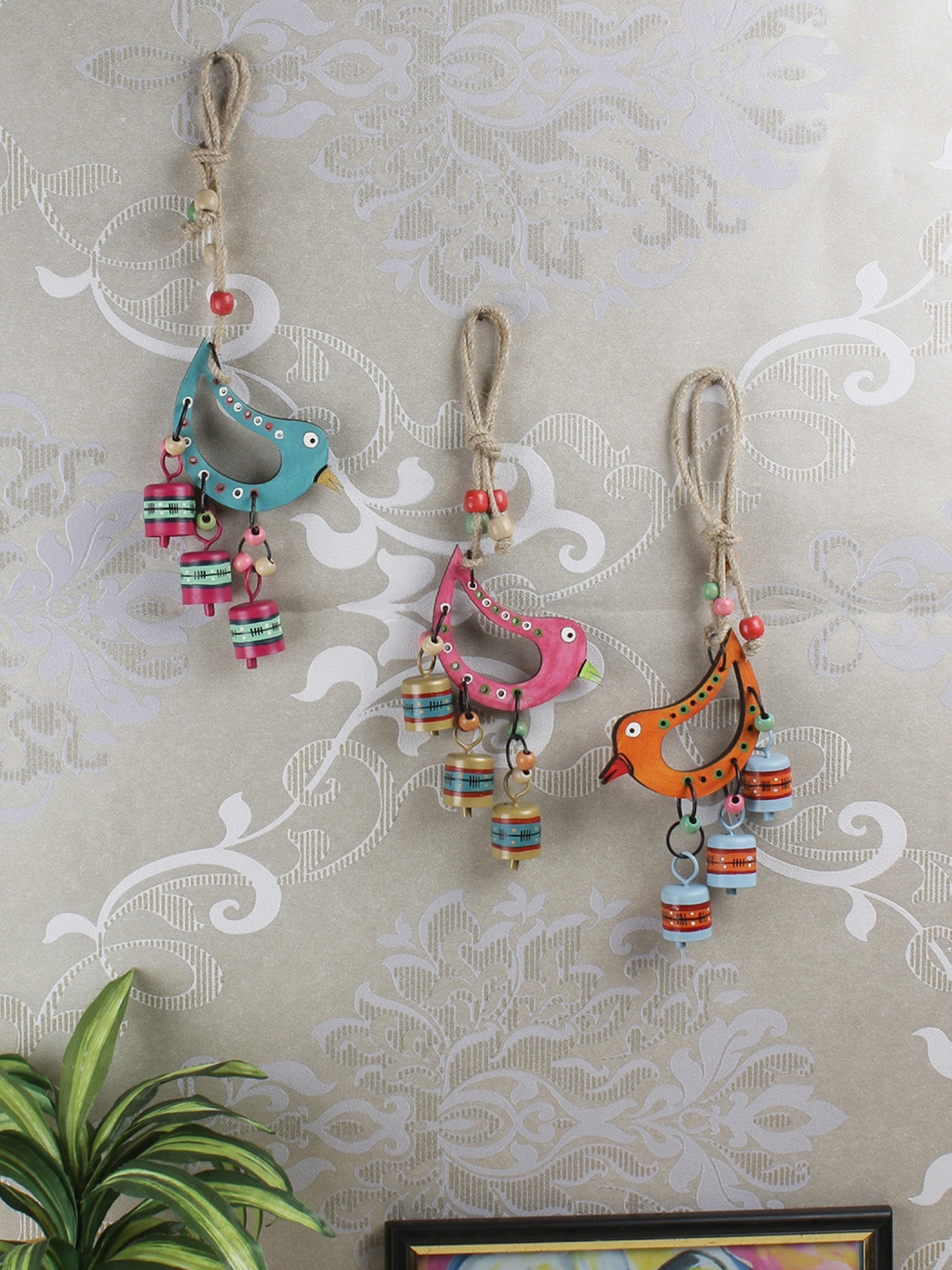 

VarEesha Set of 3 Multicoloured Sparrow "Tinkle Bells" Wall Windchime with Small Bells, Multi