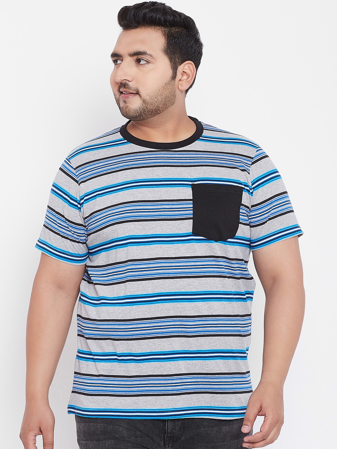 

bigbanana Plus Size Men Multicoloured Striped Round Neck Pure Cotton T-shirt, Multi