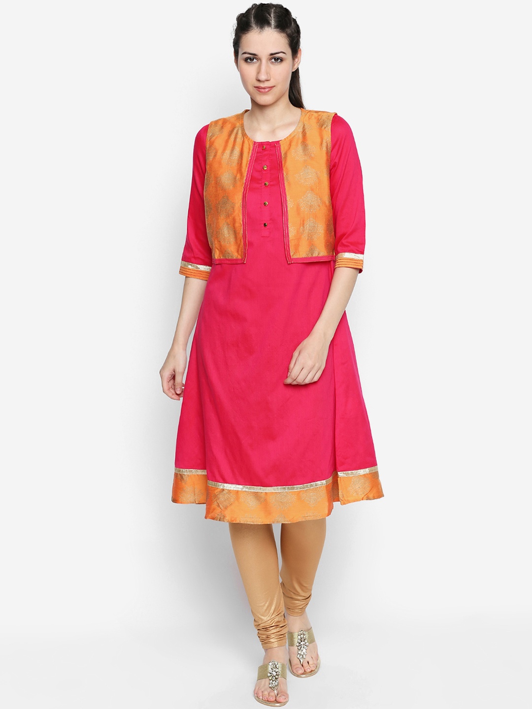 RANGMANCH BY PANTALOONS Women Pink & Orange Printed A-Line Kurta