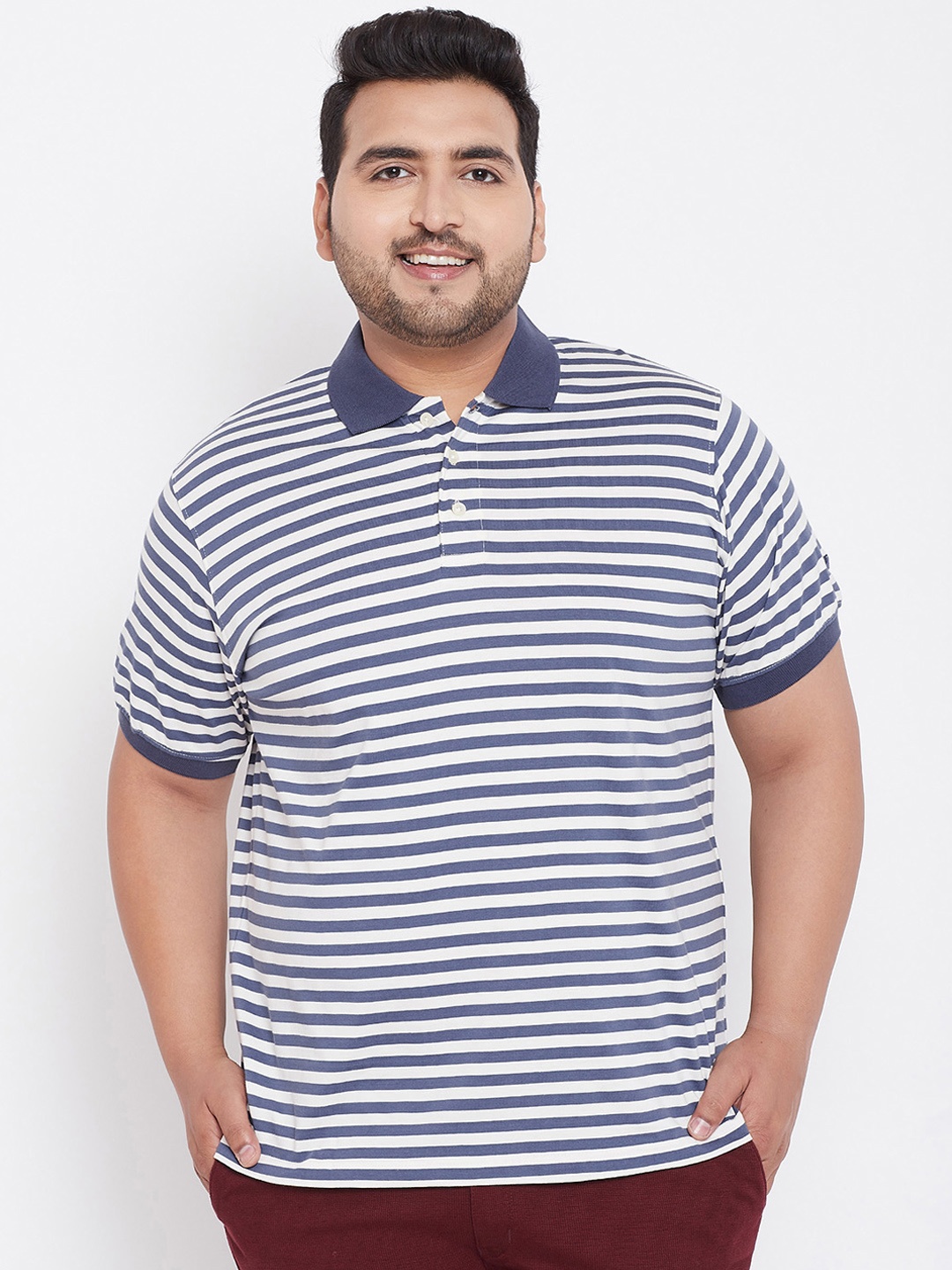 

bigbanana Plus Size Men White Blue Striped Polo Collar Pure Cotton T-shirt