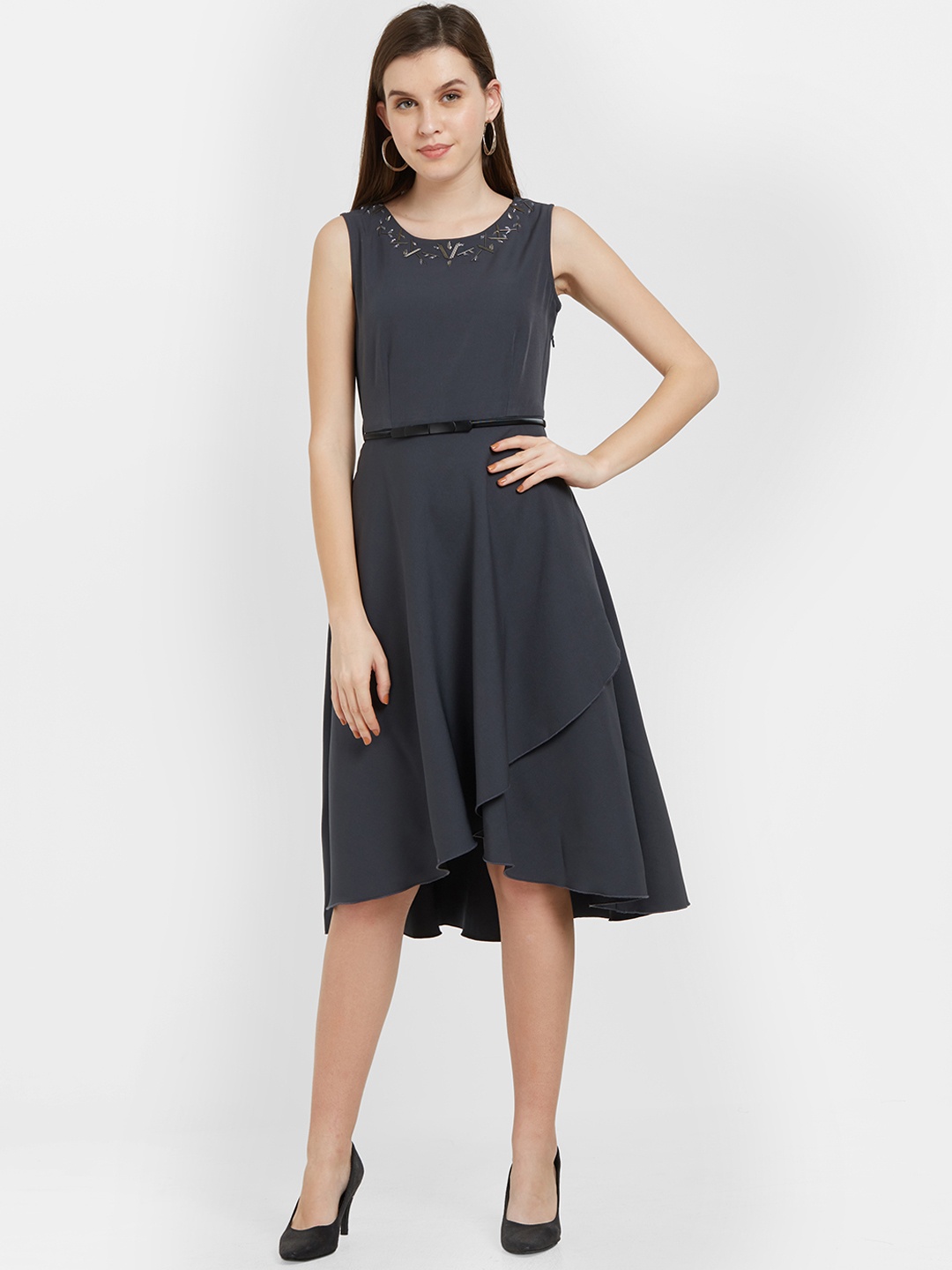 

Soie Women Grey Embellished Fit and Flare Dress