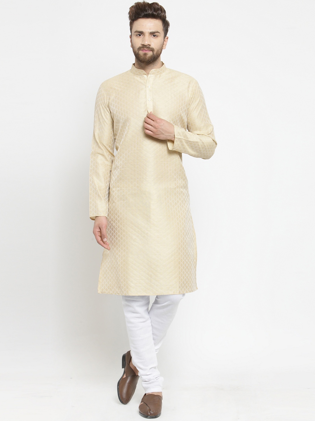 TREEMODA Men Beige Woven Design Straight Kurta