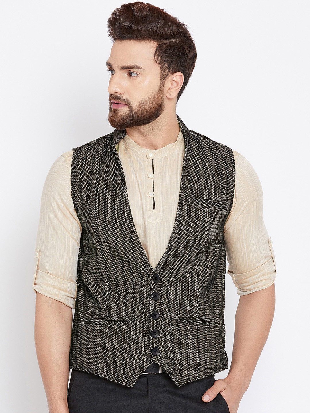 

Even Men Grey Woven Design Wool Nehru Jacket